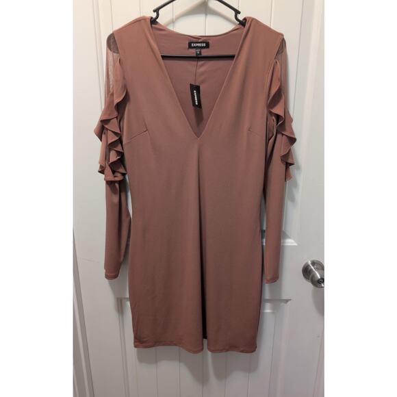 New! Express Ruffle Flutter Sheer Bodycon Vneck Mini Dress Rose Brown Size M - Picture 2 of 11